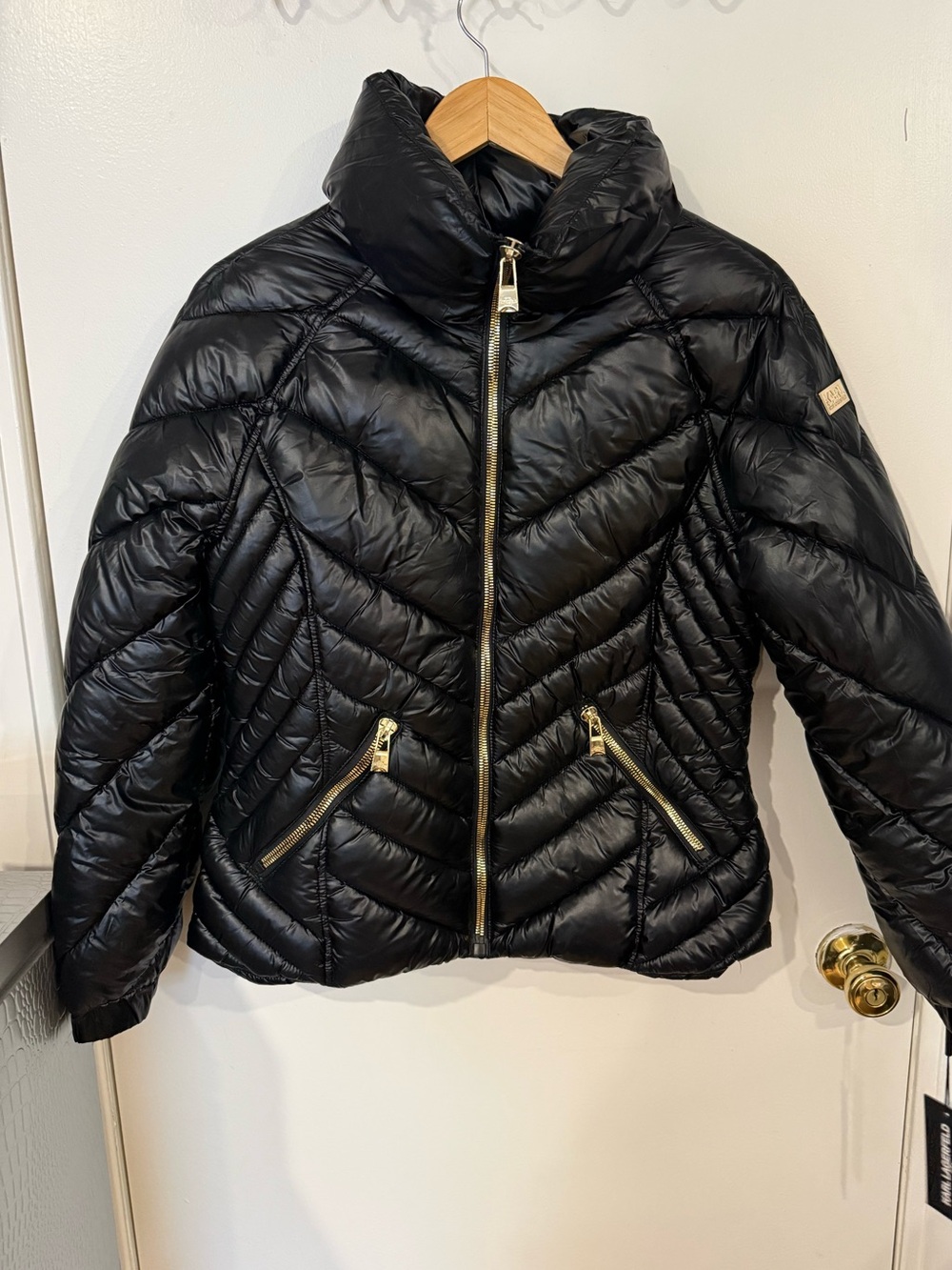 Karl Lagerfeld Black Quilted Puffer Jacket with Gold Hardware